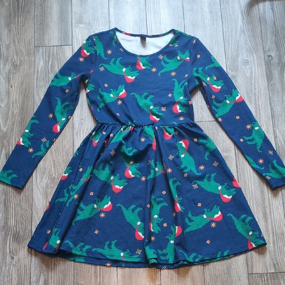 Shein Navy Long-Sleeve Christmas Dinosaur Dress XS